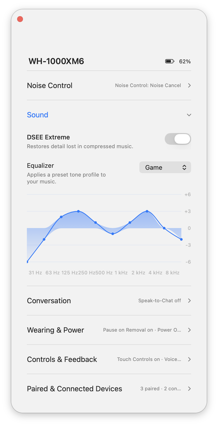 Serval popover showing a connected Sony WH-1000XM6 at 62 percent battery, with Noise Cancel active, the Sound section open, and the Game equaliser preset selected
